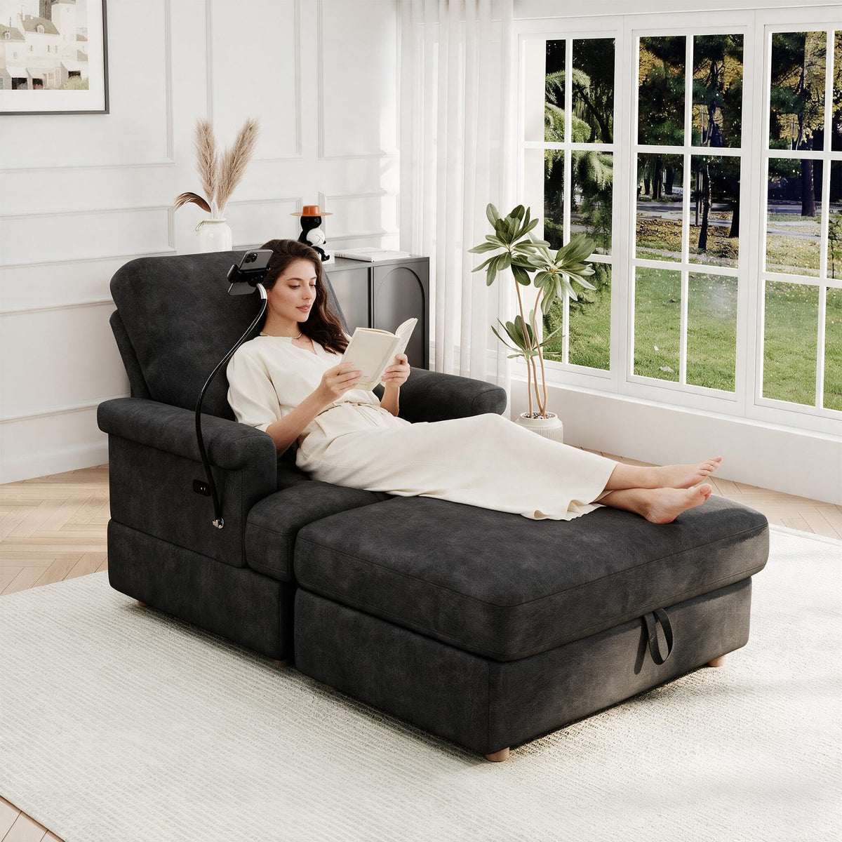 EJUNQ 66.5" Oversized Chaise Lounge Chair Indoorï¼Cozy Sofa Bed with Phone Holder and USB Chargerï¼Upholstered Deep Seat Sleeper Sofa Bedï¼Comfy Single Sofa Armchair for Living Room, Grey