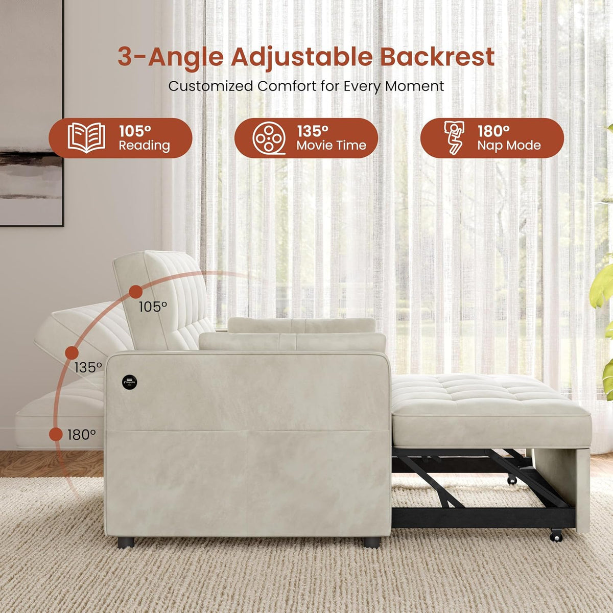 Yaheetech 3 in 1 Sofa Bed Convertible Sleeper Sofa with USB Ports, Beige
