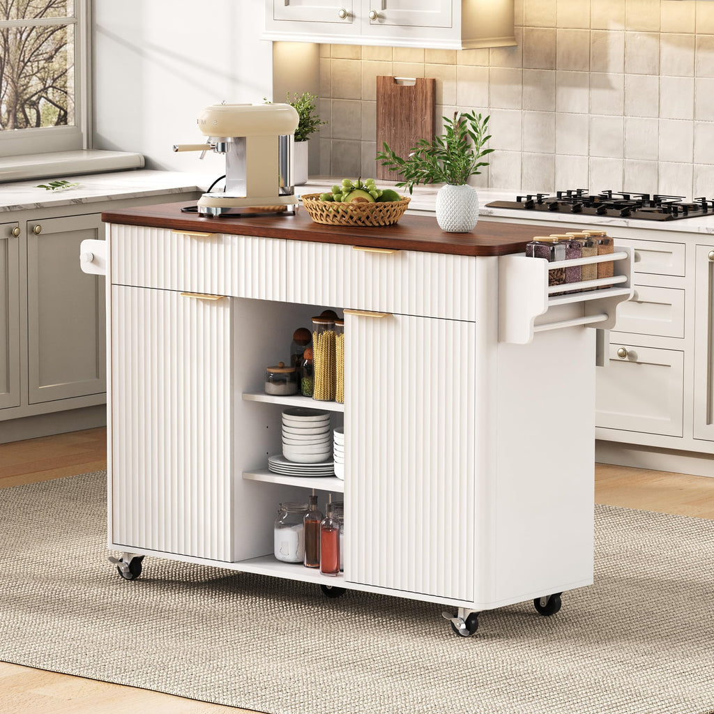 Large Fluted Kitchen Island Cart on Wheels with Storage, Natural