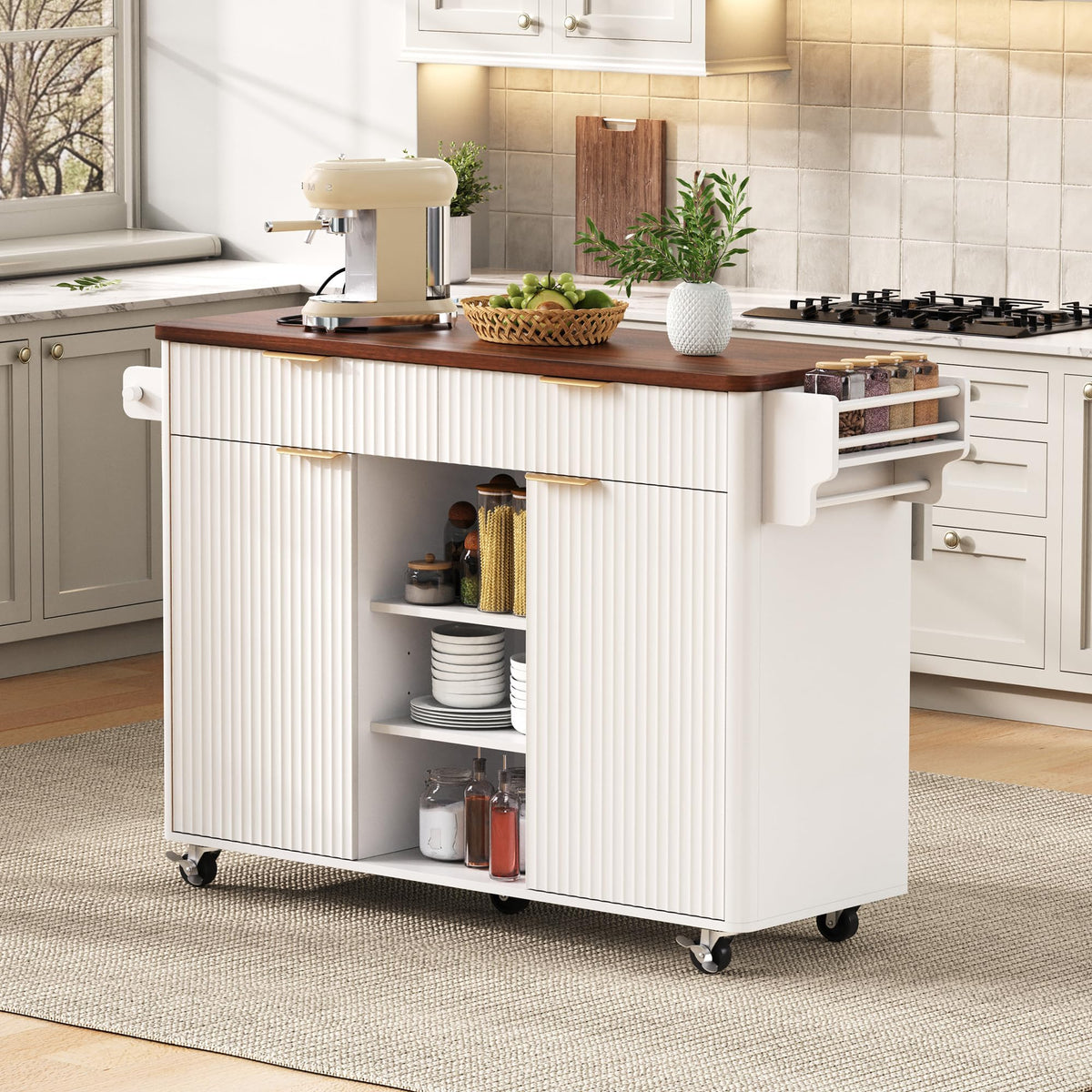 Large Fluted Kitchen Island Cart on Wheels with Storage, Natural