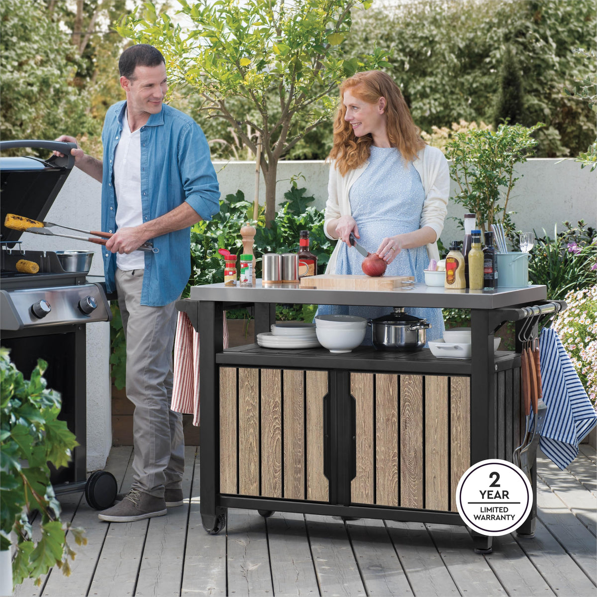 Keter Unity XL Portable Outdoor Table with Stainless Steel Top for Kitchen Prep and Outdoor Storage Cabinet for Grilling Accessories, Dark Grey