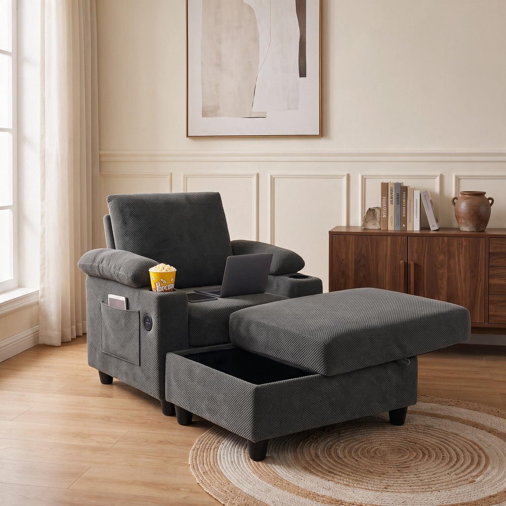 Convertible Sleeper Chair, Pull Out Sofa Bed with Adjustable Backrest & Hidden Storage Armrest, Single Sofa Recliner with USB Charging Port & Cup Holders for Living Room, Bedroom, Dark Gray