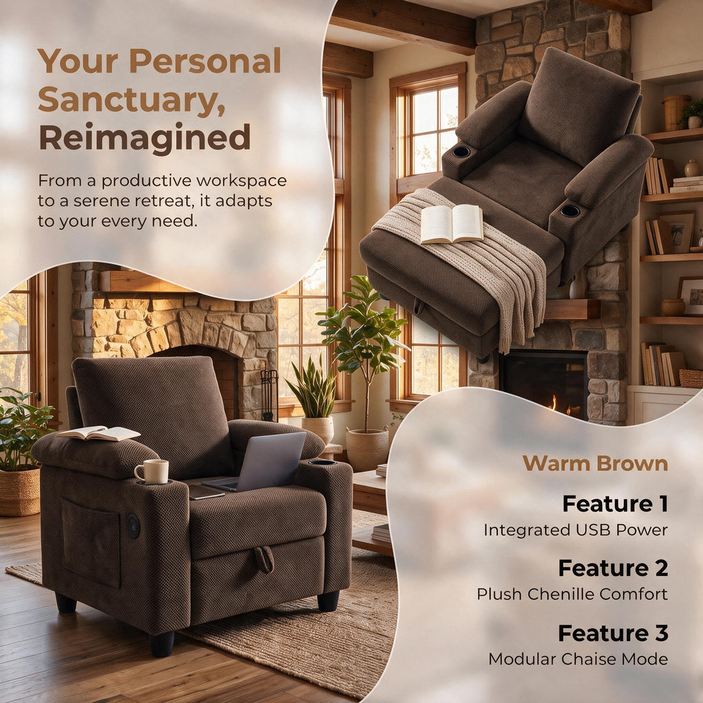 Convertible Sleeper Chair, Pull Out Sofa Bed with Adjustable Backrest & Hidden Storage Armrest, Single Sofa Recliner with USB Charging Port & Cup Holders for Living Room, Bedroom, Dark Gray