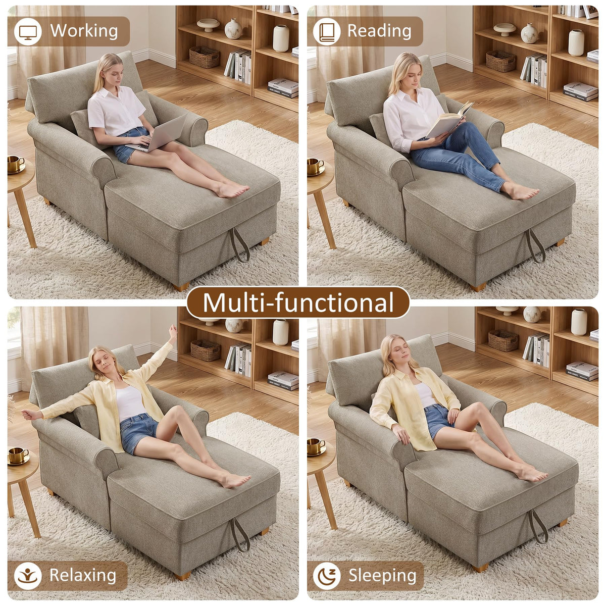 63.39" Oversized Chaise Lounge Chair with Storage, Chenille Beige