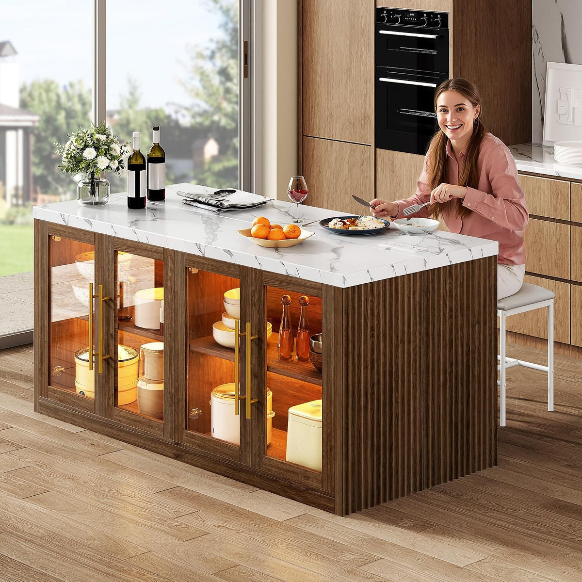 Kitchen Island with Storage, 55" Large Island Table with LED Light