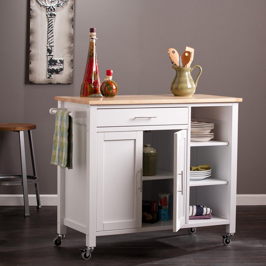 SEI Furniture - Martinville Kitchen Cart - White - Engineered Wood & Iron Metal - Transitional Design - Ideal for Kitchens, Kitchen Islands, Dining Rooms, 42" W x 19" D x 35" H (KA3277)