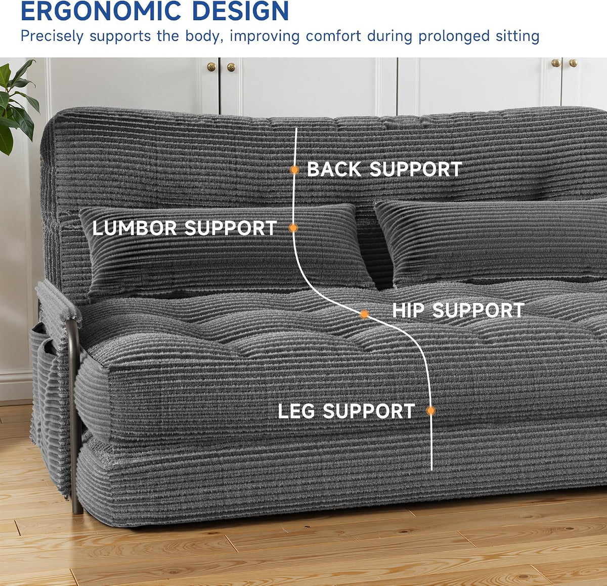 3-in-1 Folding Sofa Bed,Convertible Sleeper Chair with Armrests & Adjustable Backrest,Corduroy Futon Couch Floor Sofa Lounge with Pillow for Living Room Bedroom,Double,Dark Gray