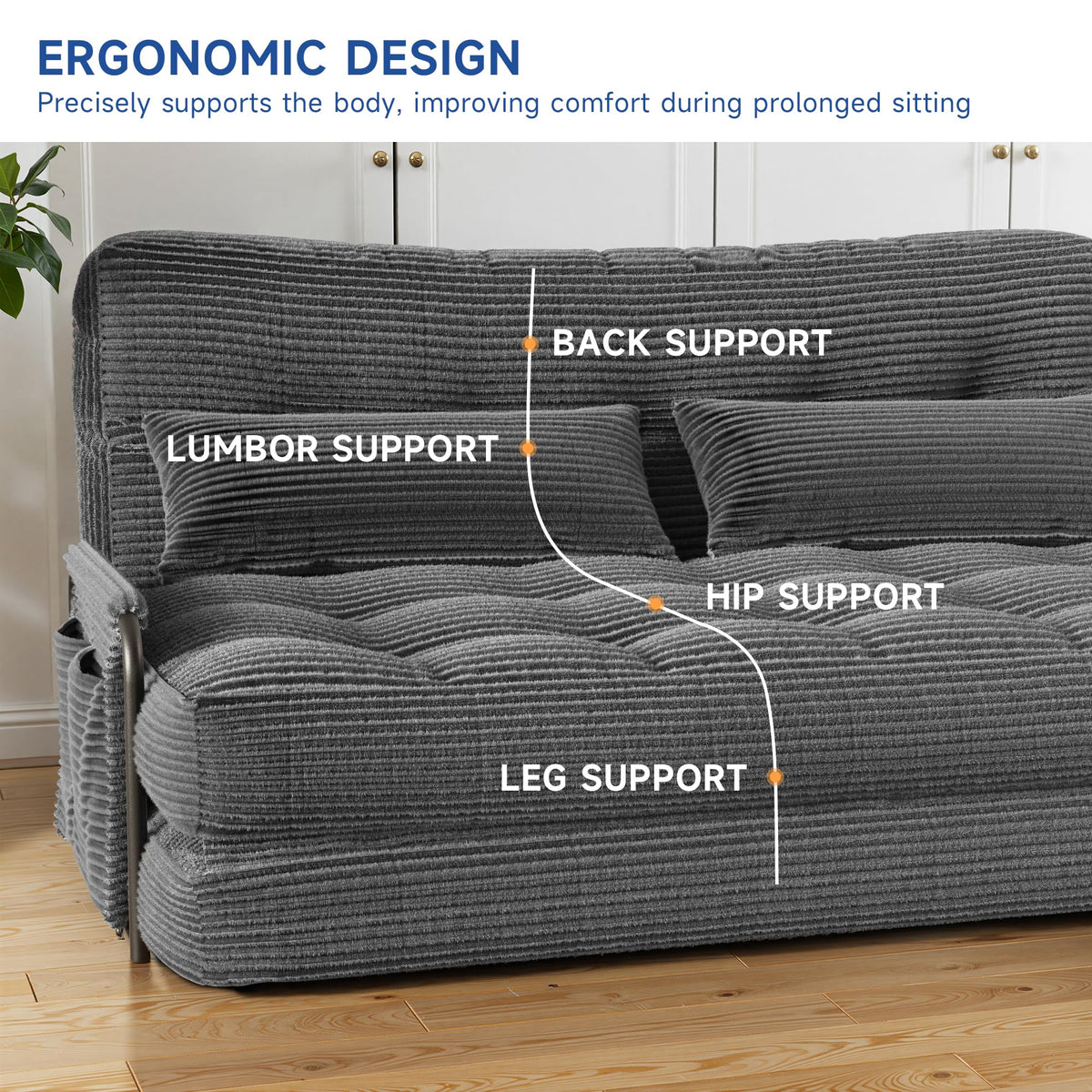 3-in-1 Folding Sofa Bed,Convertible Sleeper Chair with Armrests & Adjustable Backrest,Corduroy Futon Couch Floor Sofa Lounge with Pillow for Living Room Bedroom,Double,Dark Gray