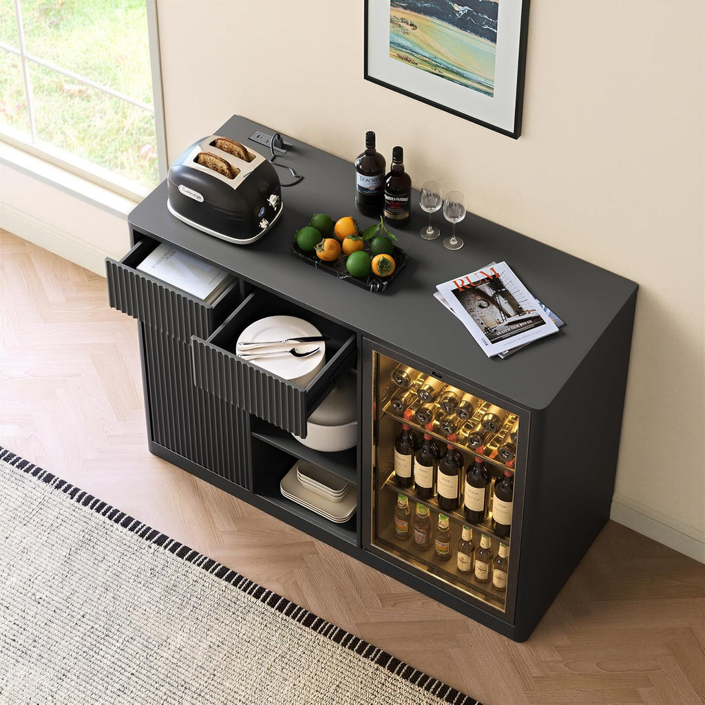 51" L Coffee Wine Bar Cabinet with Fridge Space, Charging Hub, Wine Rack