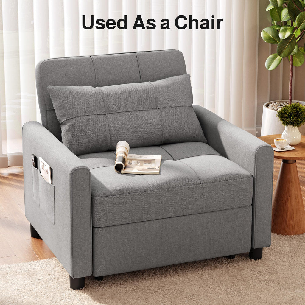 Ahomly Convertible Sofa Chair Bed, 3-in-1 Linen Pull Out Chair, Dark Gray