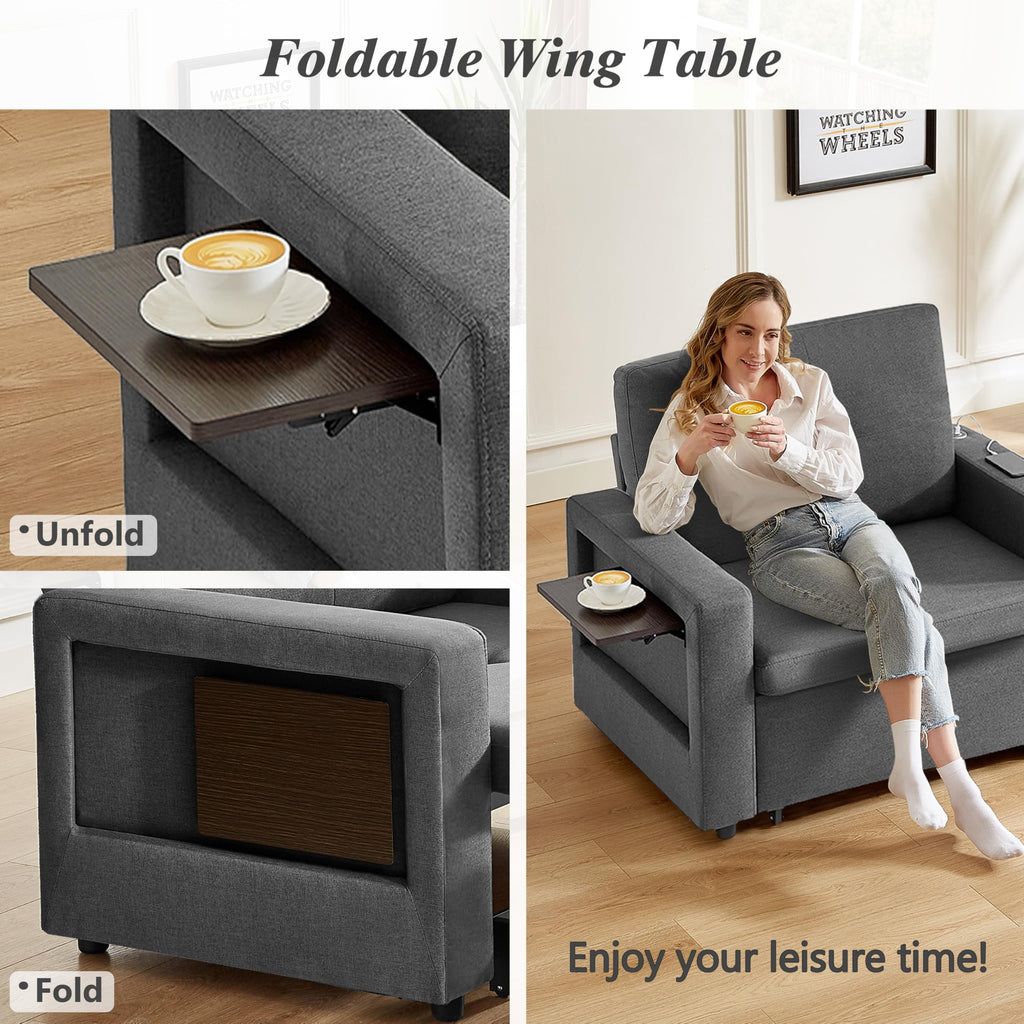 WEUP 3-in-1 Sleeper Sofa Chair Bed, 42.5" W Convertible Sleeper Chair with Pull Out Bed, USB Charging Ports & Wing Table, Cup Holder, Adjustable Backrest, Side Pockets (Premium, Beige)