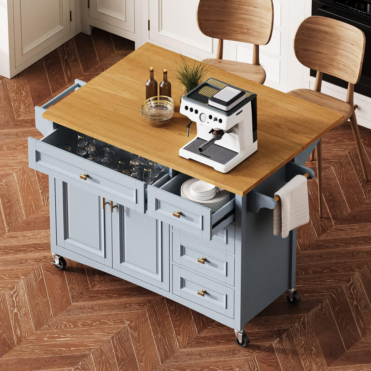 Large Kitchen Island with Rubber Wood Drop Leaf and Silver Handle