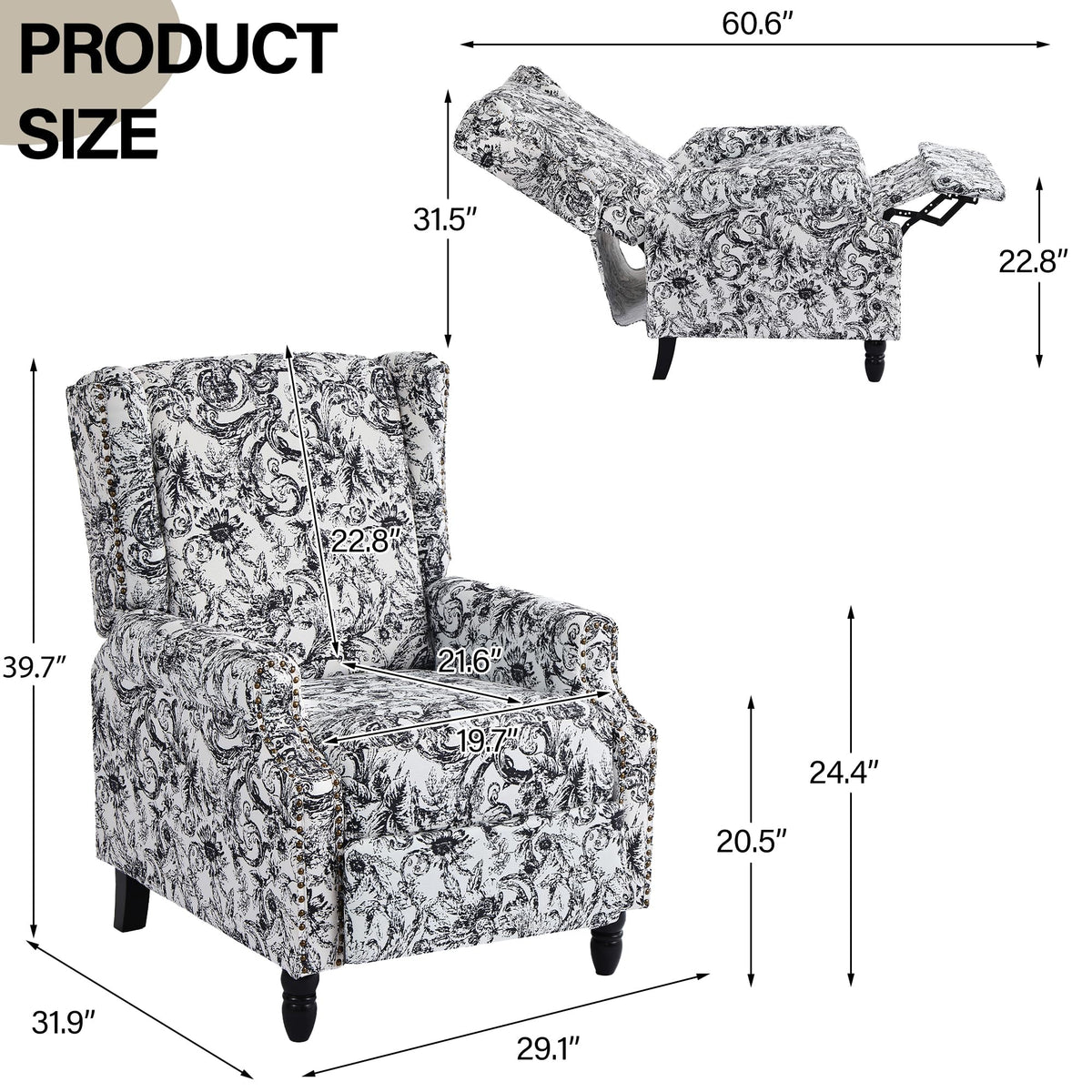 Wingback Floral Pushback Recliner Chair, Plants Beige, Set of 2