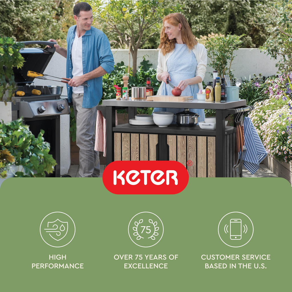 Keter Unity XL Portable Outdoor Table with Stainless Steel Top for Kitchen Prep and Outdoor Storage Cabinet for Grilling Accessories, Dark Grey