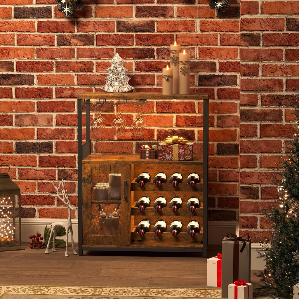 3-Tier Wine Bar Cabinet with Removable Wine Rack, Liquor Storage Cabinet with Glass Holder & Mesh Door, Coffee Bar Sideboard Buffet for Living Room or Dining Room, Gray