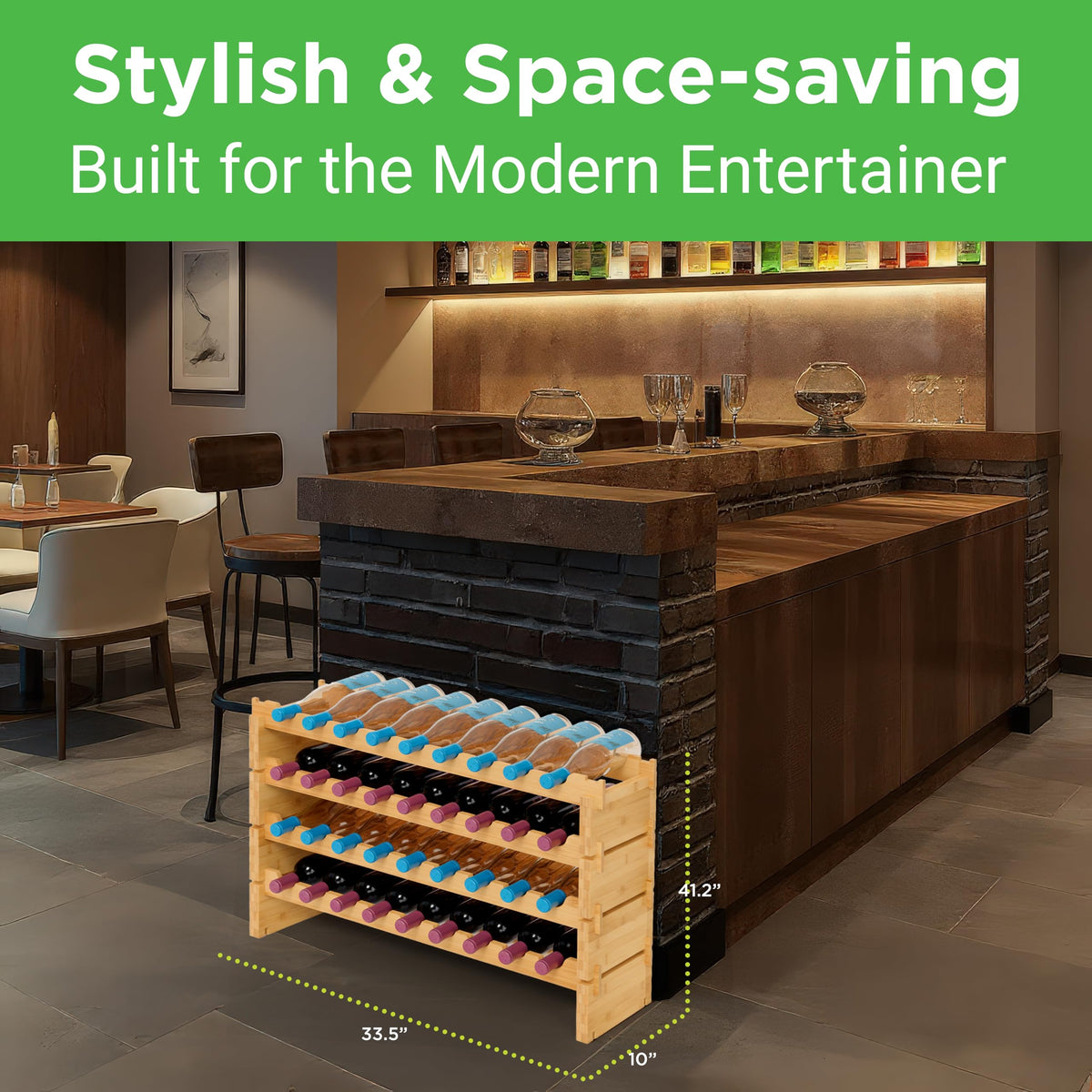 NutriChef 108 Bottle Stackable Modular Wine Rack, Upgraded 1â Thick Sideboard, .5â Rack Sticks, Sturdy Wobble Free Natural Bamboo Construction, Protective Moisture Resistant Finish, 33.5" x 10" x 63"