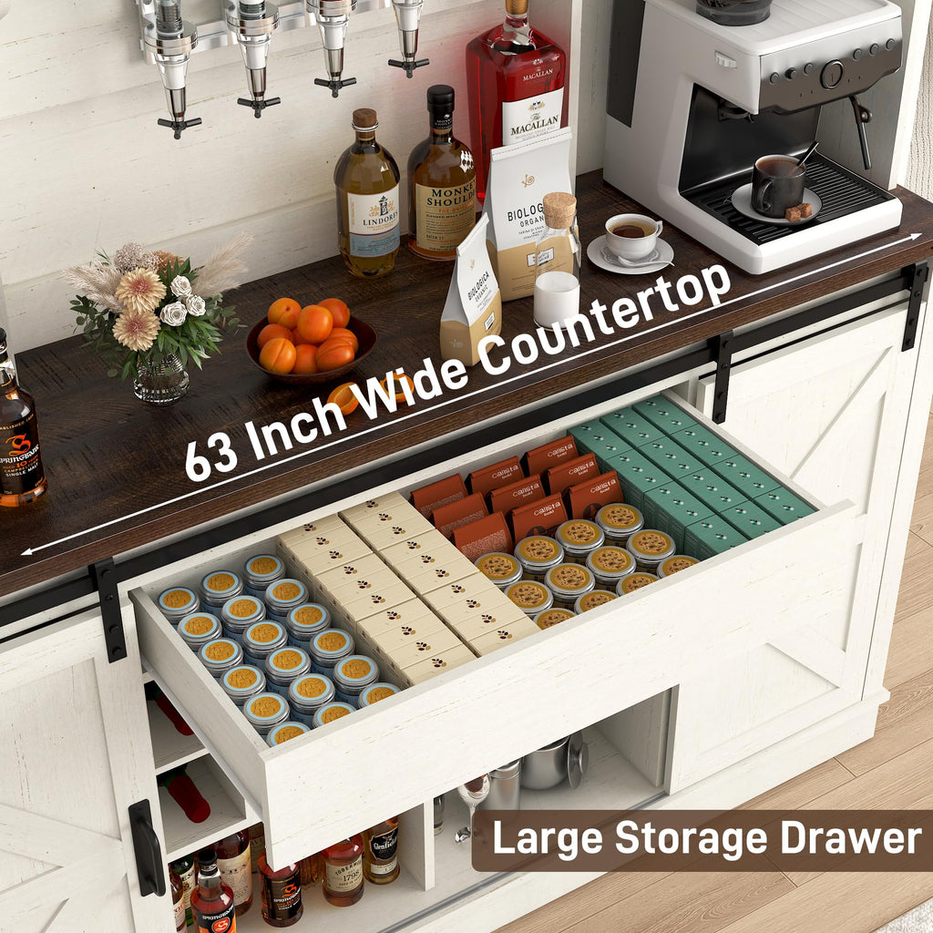 Farmhouse Coffee Bar Cabinet with LED Light, Charging Station, Brown