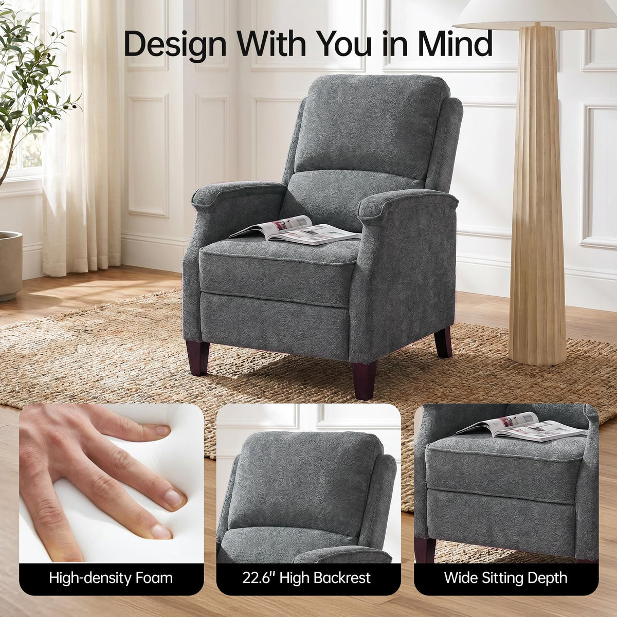 VKNOW Recliner Chair, Fabric Recliner with Adjustable Back, Brown