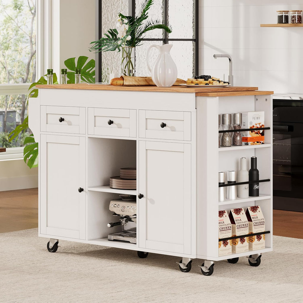 Merax 85.5" Kitchen Island with Extendable Dining Table & Universal Wheels, Storage with 3 Drawers & Open Shelves & Power Outlet, Mobile Cart for Dining Room, Small Space, Apartment, White
