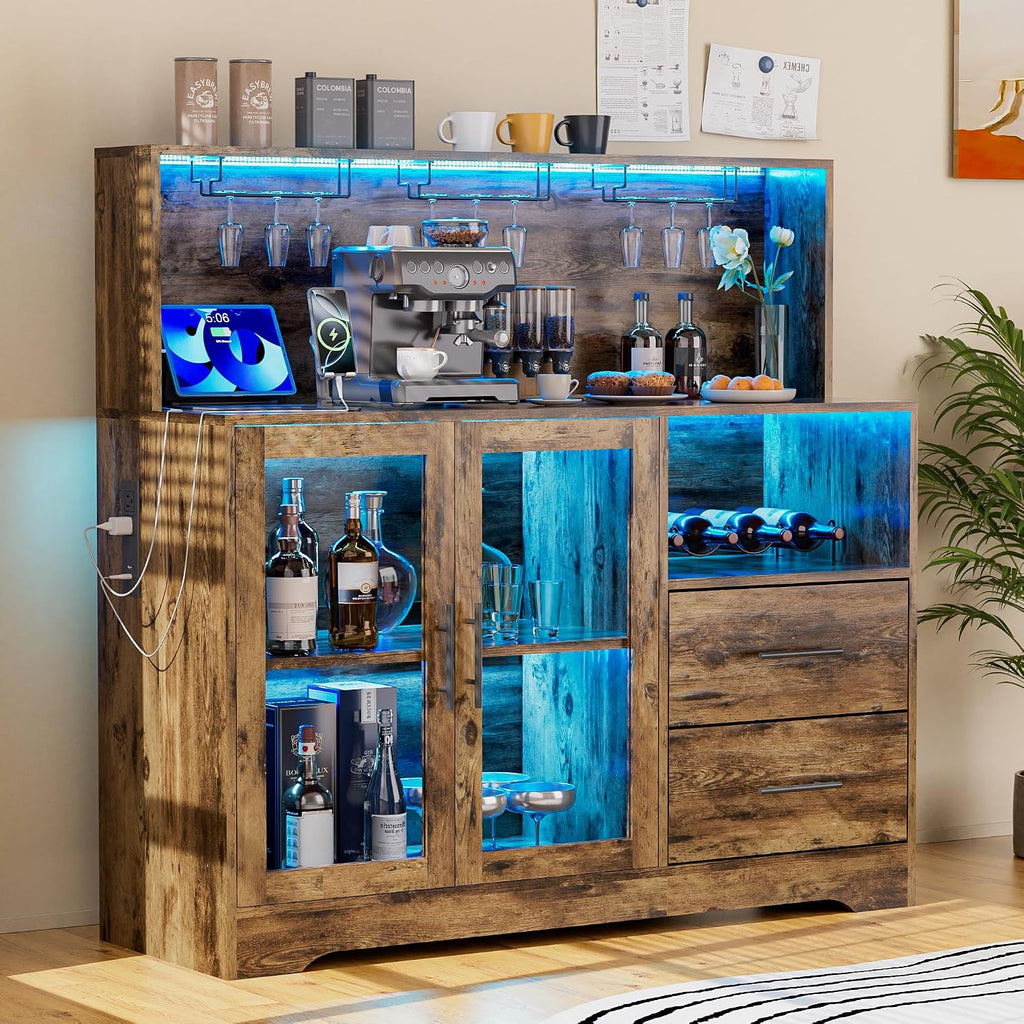 Home Bar Cabinet with Adjustable RGB LED Light, Wine & Coffee Storage with Rack & Drawers, Charging Station, Modern Liquor Cabinet for Living & Dining Room, All-in-One Wine Bar Cabinet (Rustic)