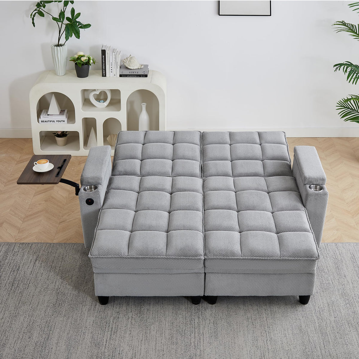 KEIKI 41.7" Convertible Sofa Bed Chair, Adjustable Backrest Recliner Chaise Lounge with USB Ports, Cup Holder, Storage Armrest and Swivel Table, Space Saving Sleeper Sofa for Studio, Dorm