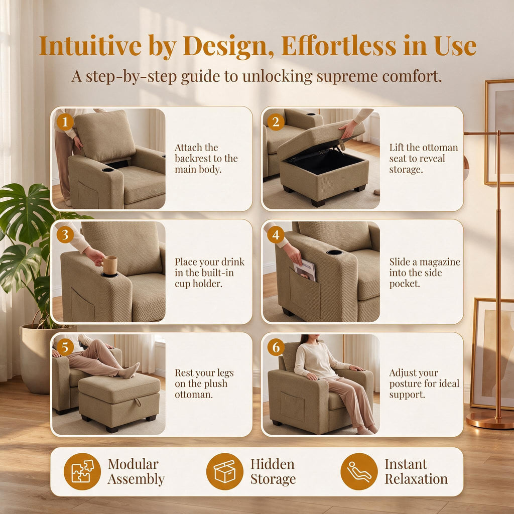 Convertible Sleeper Chair, Pull Out Sofa Bed with Adjustable Backrest & Hidden Storage Armrest, Single Sofa Recliner with USB Charging Port & Cup Holders for Living Room, Bedroom, Dark Gray