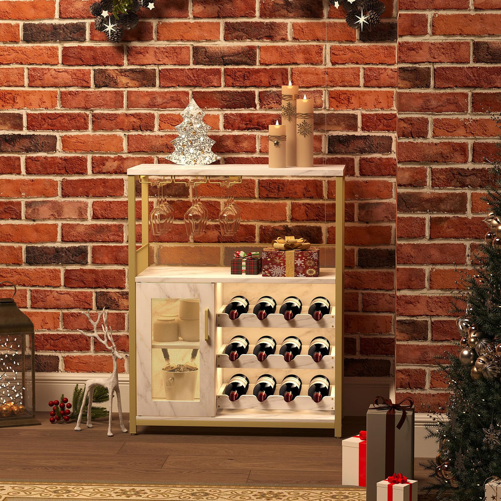 Jojoka 3 Tier Wine Bar Cabinet with LED Lights, Adjustable Storage, Liquor Rack, Glass Holder, Mesh Door, Multi Functional Coffee Bar Sideboard Buffet for Home, Dining Room