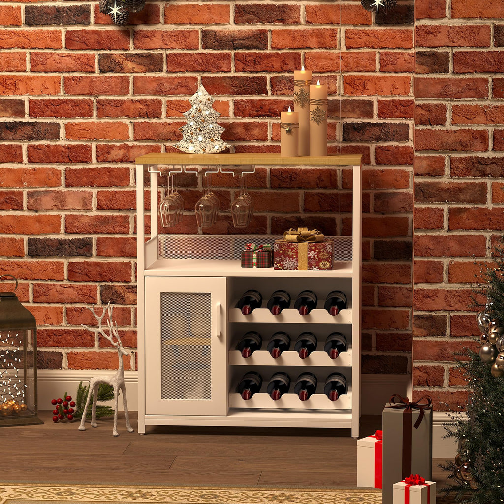 3-Tier Wine Bar Cabinet with Removable Wine Rack, Liquor Storage Cabinet with Glass Holder & Mesh Door, Coffee Bar Sideboard Buffet for Living Room or Dining Room, Gray