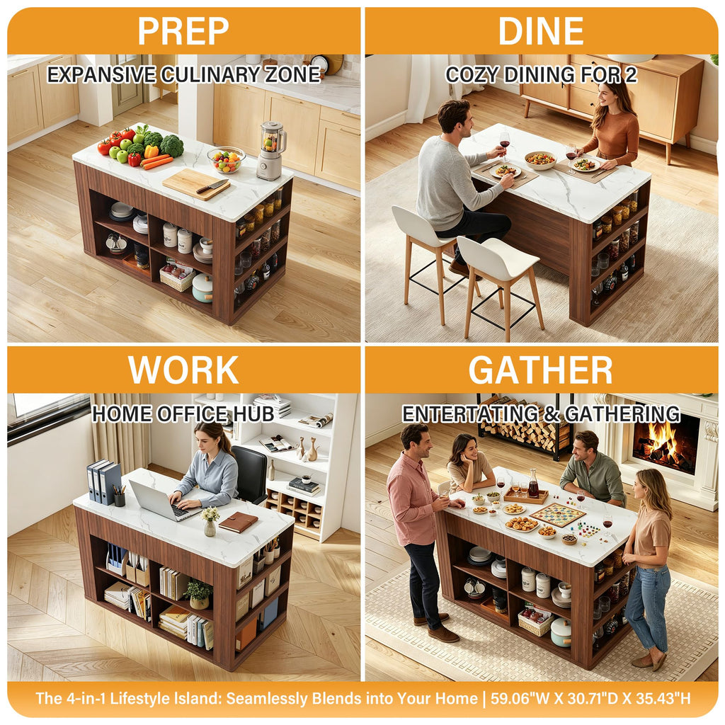 59" Kitchen Island with Storage & Seating for 2, Modern Stationary Kitchen Island with Faux Marble Top, 2 Drawers, Open Shelves & 5 Hooks, Counter Height Prep Table for Dining & Kitchen (White)