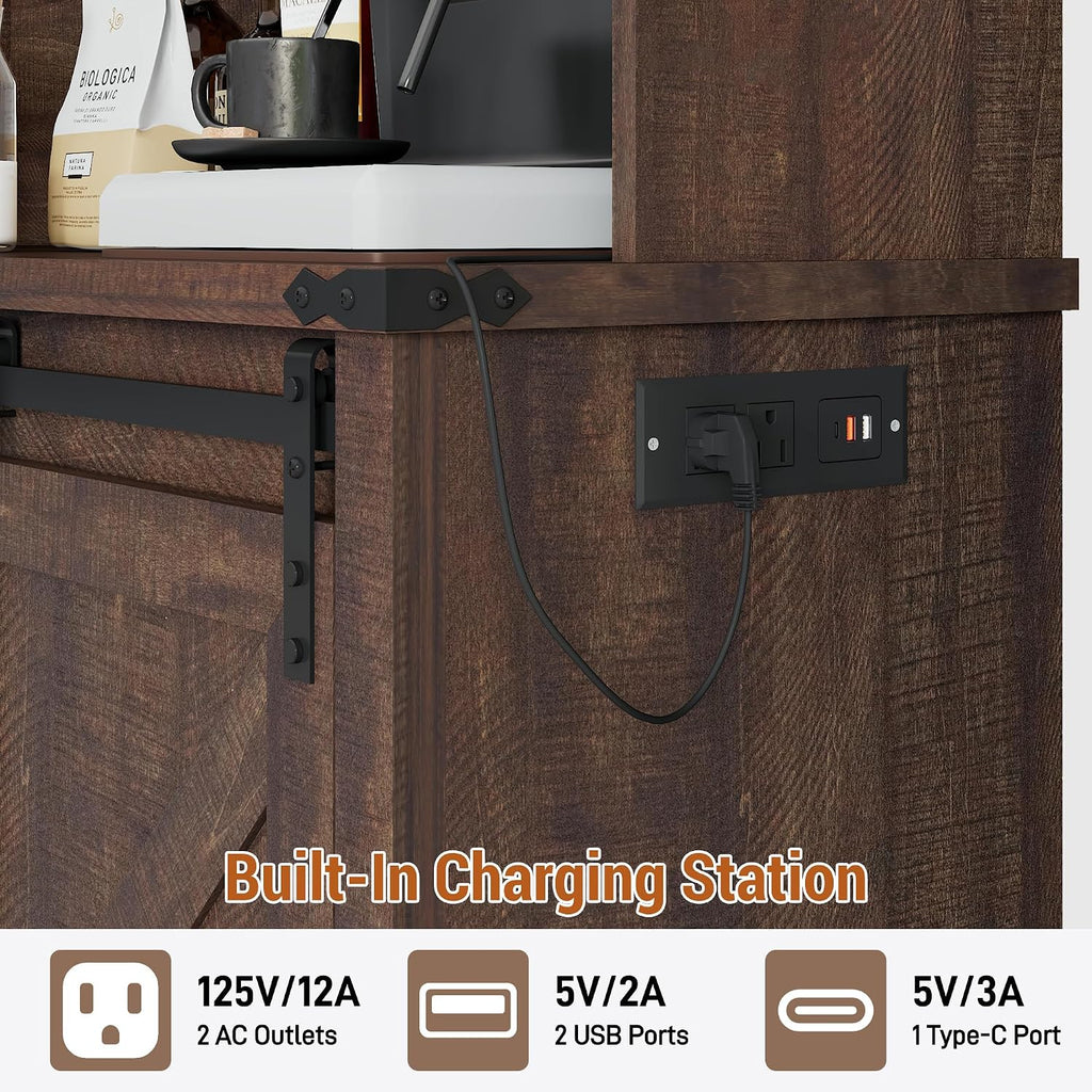 Farmhouse Coffee Bar Cabinet with LED Light, Charging Station, Brown