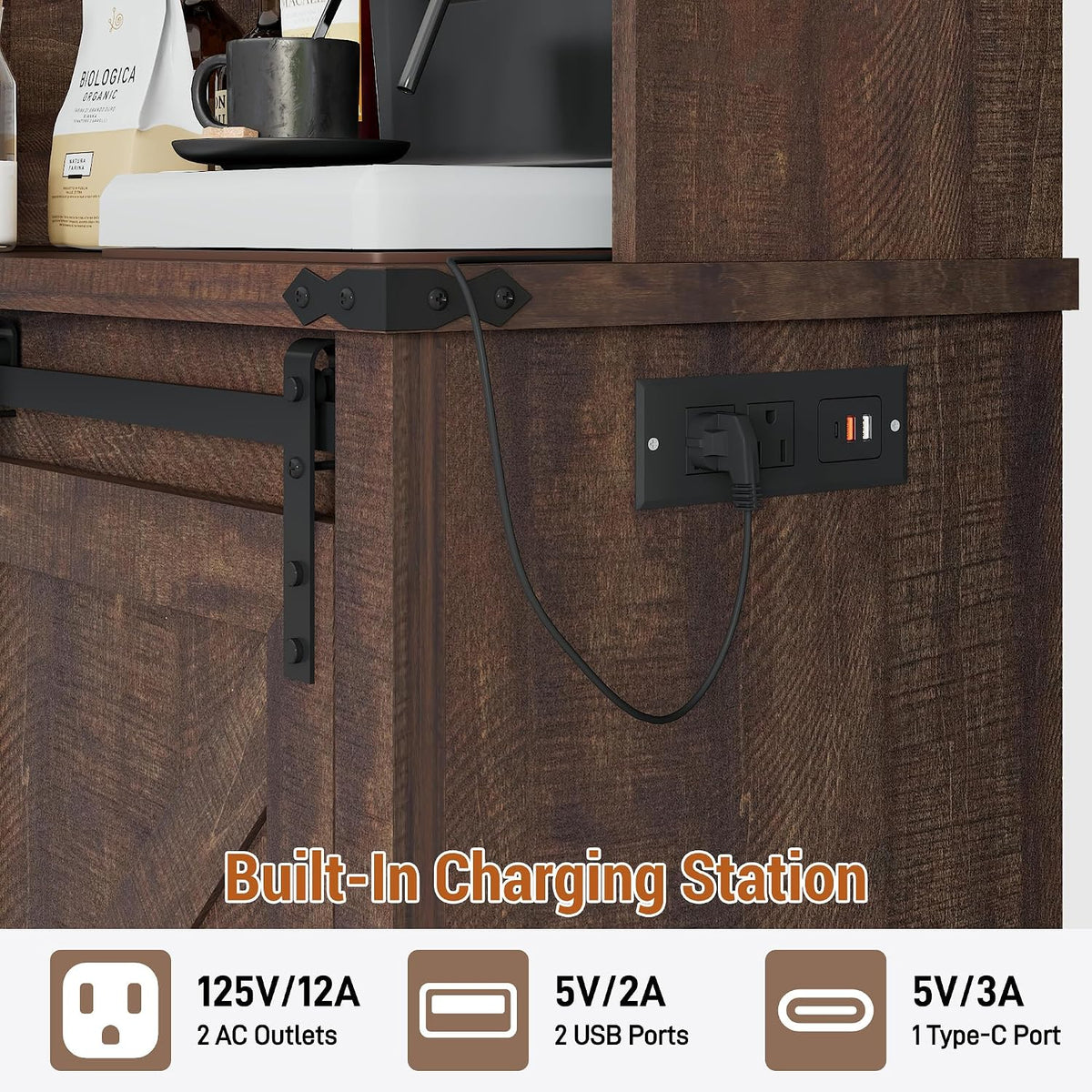 Farmhouse Coffee Bar Cabinet with LED Light, Charging Station, Brown