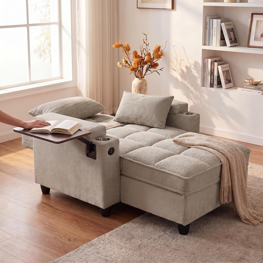 Convertible Sleeper Chair, Pull Out Sofa Bed with Adjustable Backrest & Hidden Storage Armrest, Single Sofa Recliner with USB Charging Port & Cup Holders for Living Room, Bedroom, Khaki
