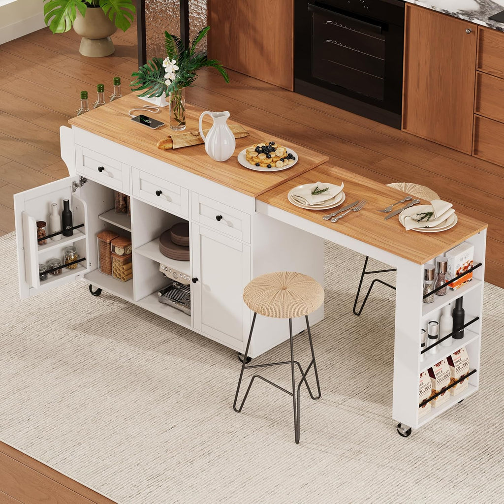 Merax 85.5" Kitchen Island with Extendable Dining Table & Universal Wheels, Storage with 3 Drawers & Open Shelves & Power Outlet, Mobile Cart for Dining Room, Small Space, Apartment, White