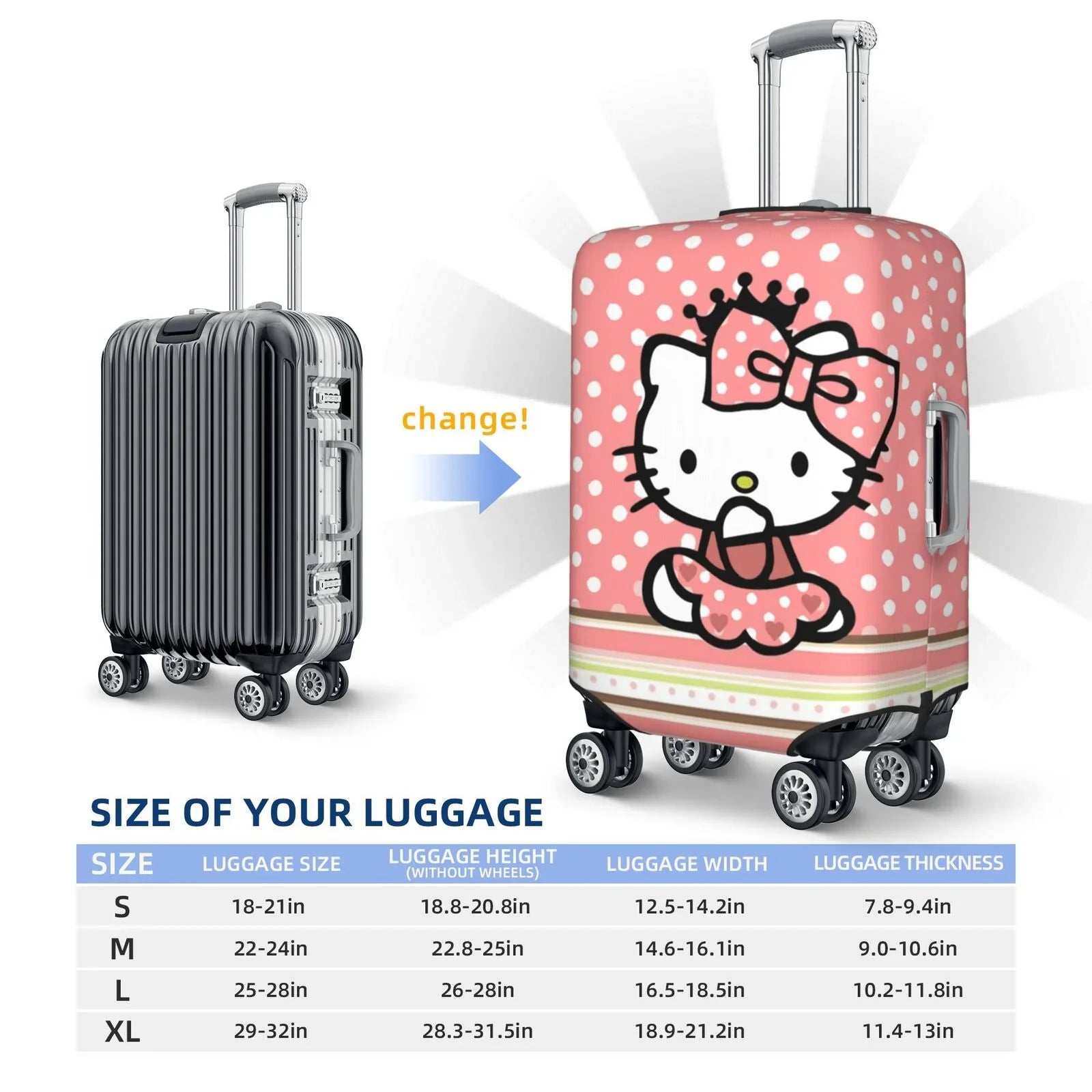 Washable Baggage Girls-Style Cover Zipper Travel Kitty Cover Elastic Concealed Suitcase 4 Protector Fits Women Hello For Luggage Protective Gifts Trunk Suitcase 22"-24" Case With