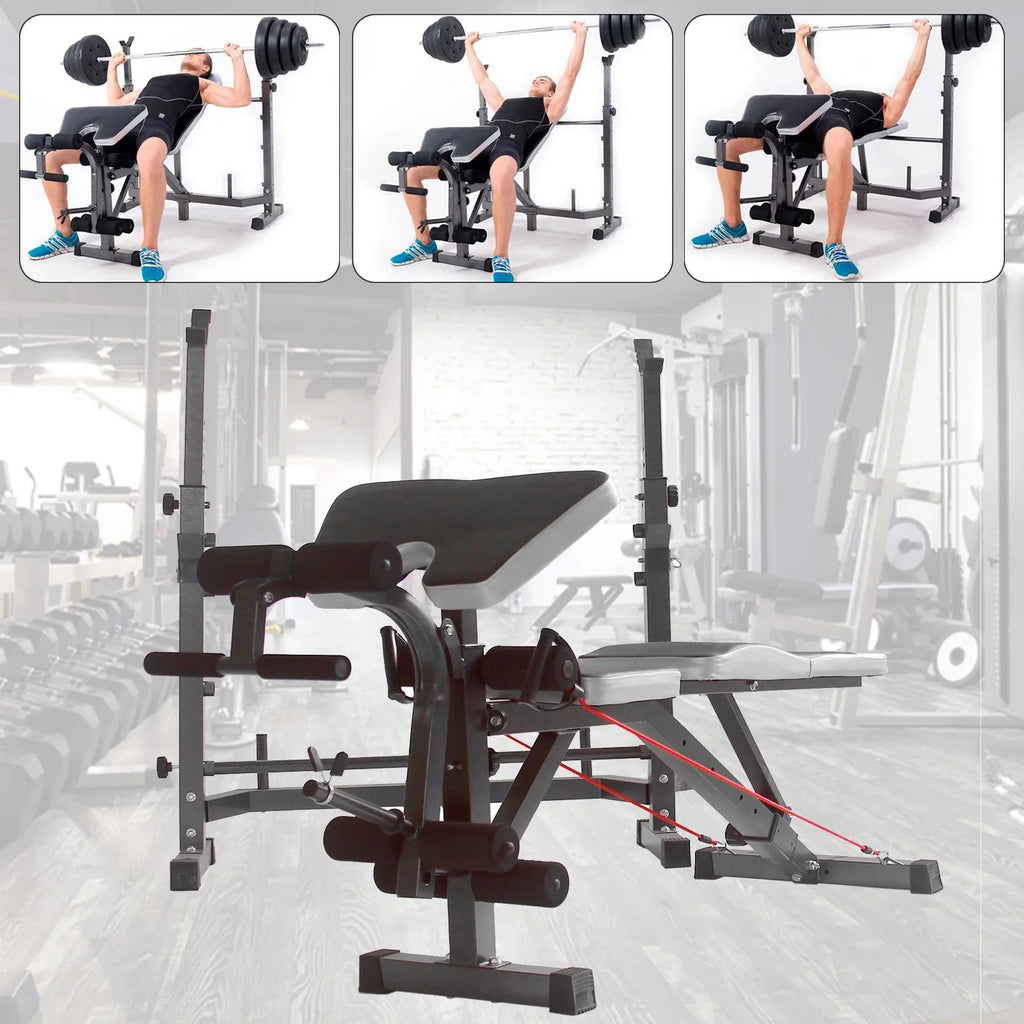 Weight Press Bench Adjustable Folding Bench Rack Full Body W/Barbell Workout