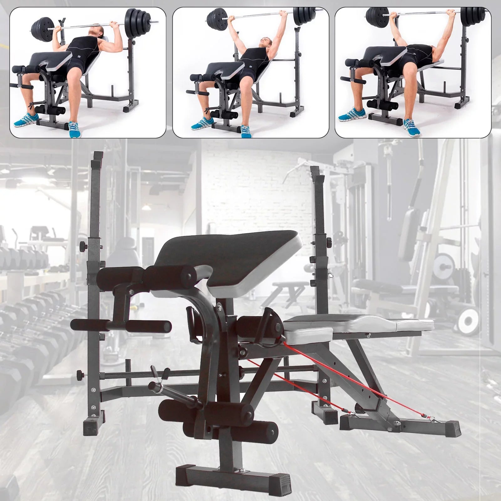 Weight Press Bench Adjustable Folding Bench Rack Full Body W/Barbell Workout