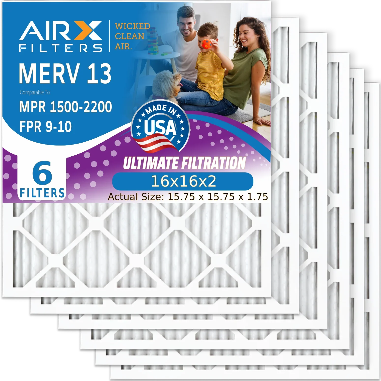 6 Pleated CLEAN by HVAC Furnace MERV - to & 13 Filter 9 AIRX Pack Comparable 16x16x2 MPR USA Conditioner 1500 FPR 16x16x2 Filter Filters WICKED Premium Electrostatic Made Air AC Air FILTERS 2200 AIR.