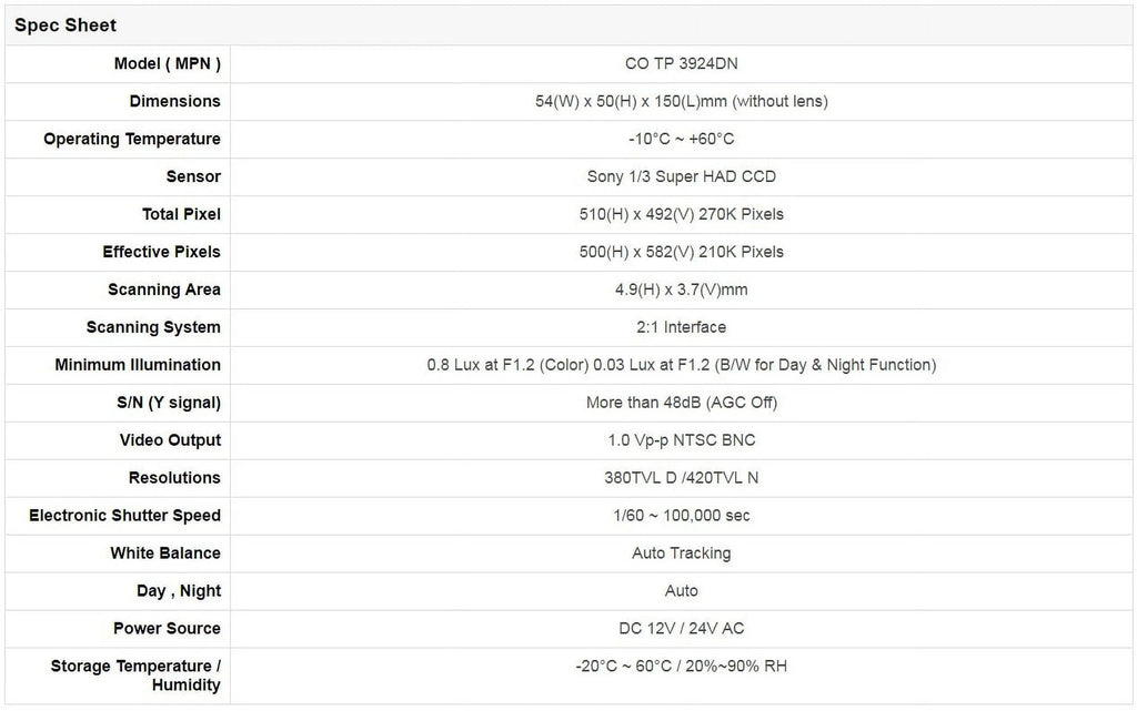 TP 3924DN Day (Lens CCTV and Standard CO with Security Included) Power 380TVL Night Box Not Camera Dual