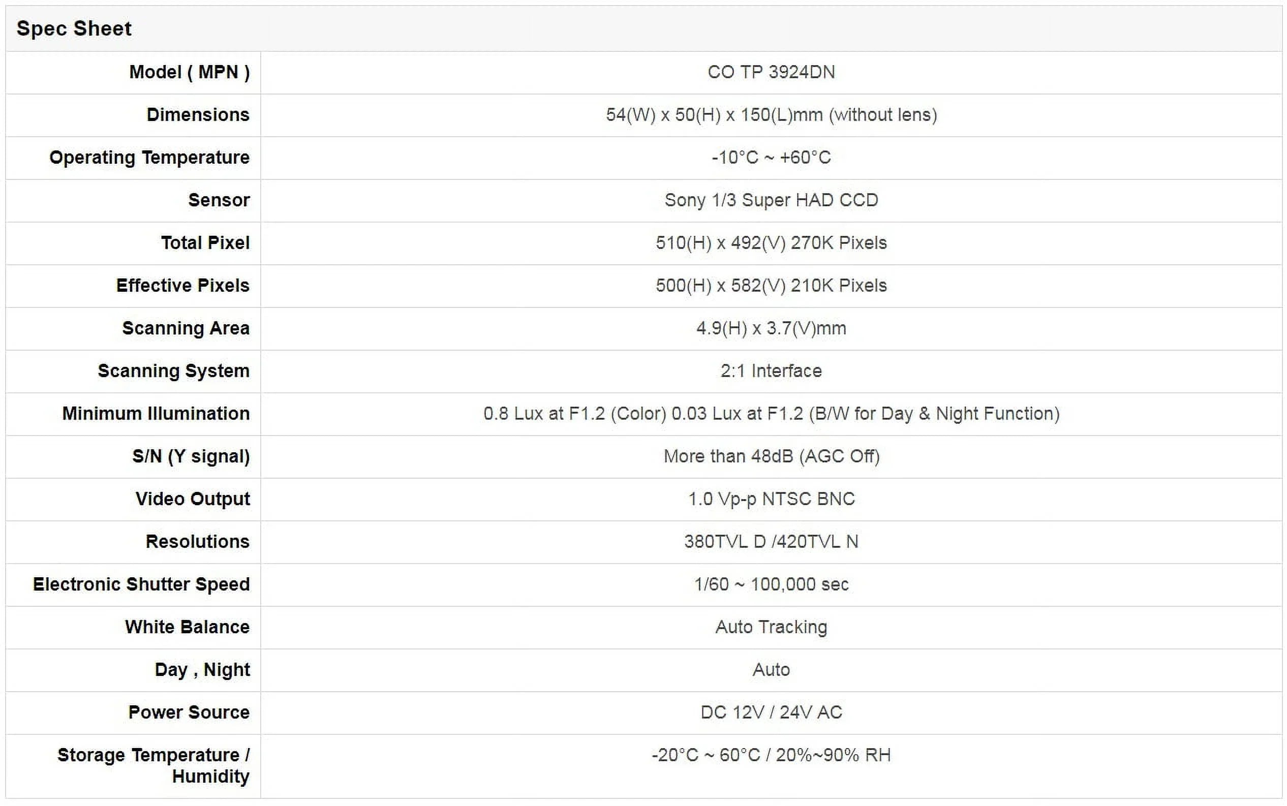 TP 3924DN Day (Lens CCTV and Standard CO with Security Included) Power 380TVL Night Box Not Camera Dual