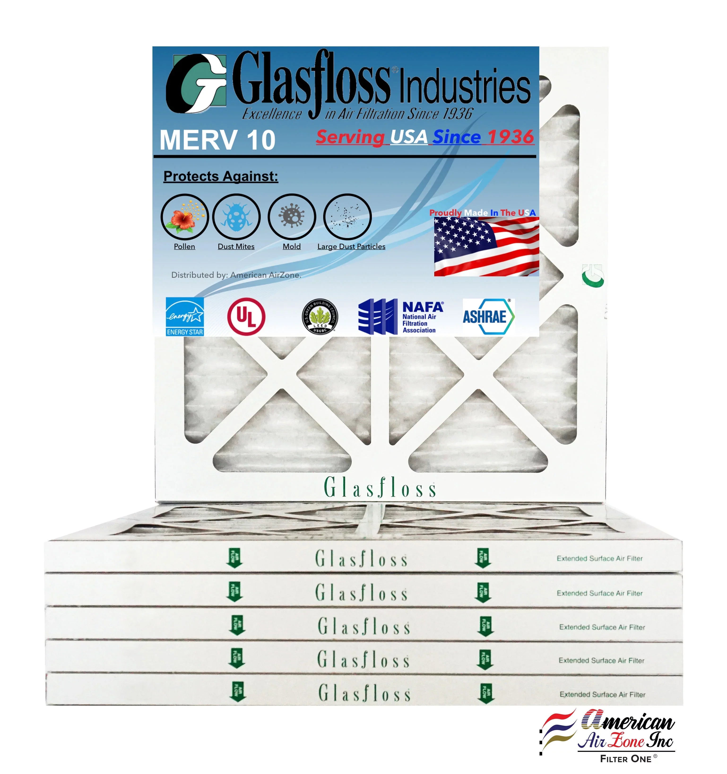 USA MERV 10 Filter Furnace - 14.5x7/8 inch) Air Size: 14.5 -Qty:6 x Glasfloss Made - 15x15x1 (Actual in -