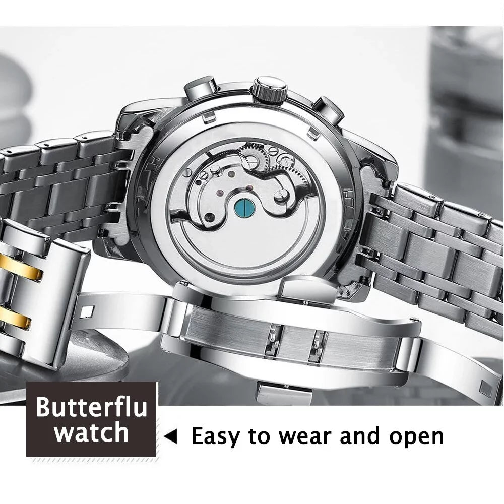 Top Leather Sports Men Genuine Automatic Brand Wristwatch POEDAGAR Luxury Chronograph Mechanical Watches Clock New Men