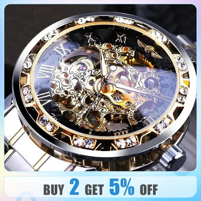 Men Luxury Gear Silver Gift Movement White 1pc Wrist Skeleton Diamond Mechanical Business Exquisite Gold Watch