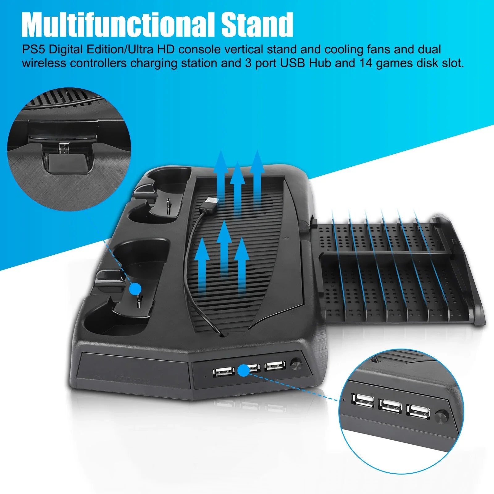 Stand PS5 For Slot Controller 14 w/Console Fans Charging Dock Games Disk Cooling