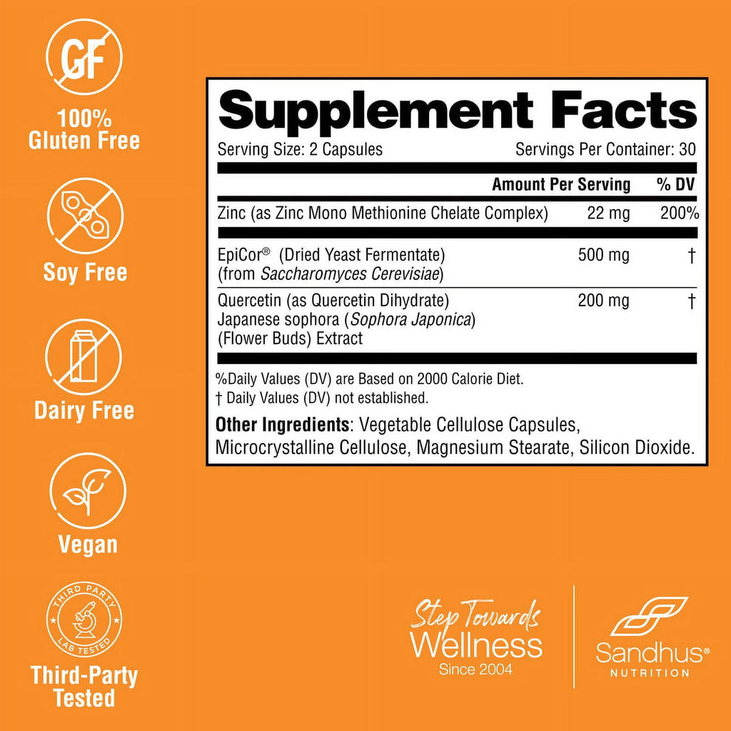 EpiCor® - Support, Servs Sandhu’s Year-Round Zinc Quercetin, 30 200mg 500mg Immune (Fermentate) with