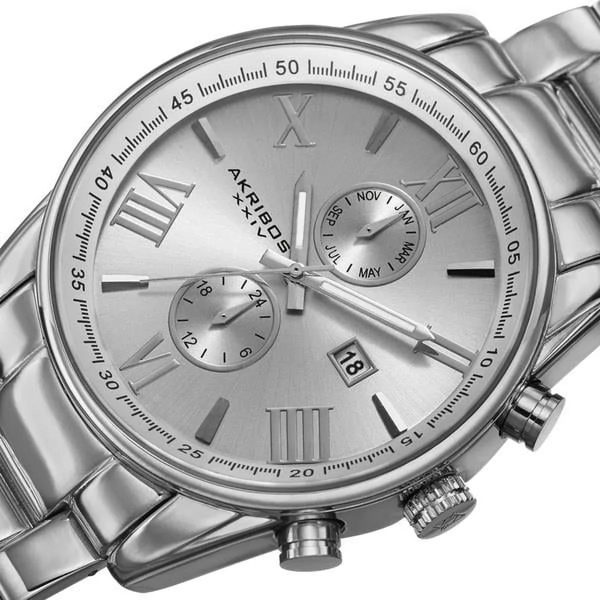 Bracelet Multifunction Quartz Swiss Stainless Men's Dual-Time Steel Watch Silver-Tone