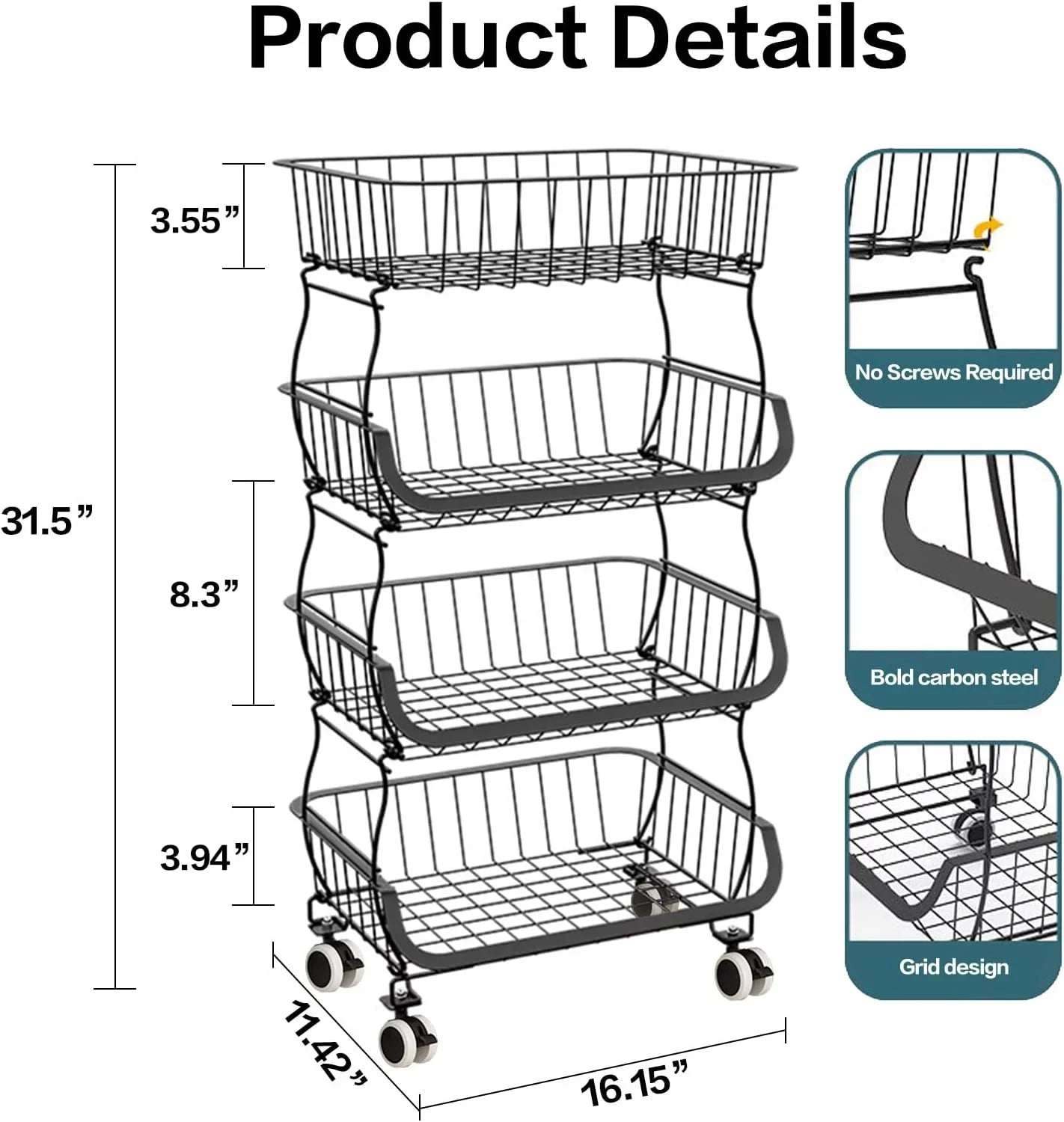 Stackable Storage Basket 4-Tier Vegetable Fruit Pantry,Bathroom, for Garage LEZZYRUCK Black Car Basket