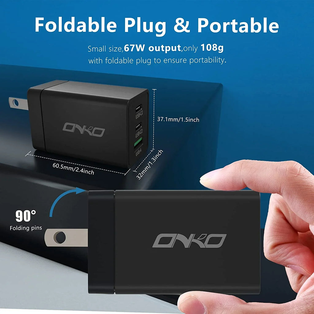 67W Plug Port GaN PD&QC with Power Foldable Adapter Charger, 3 USB C USB Wall USB Adapter, C for