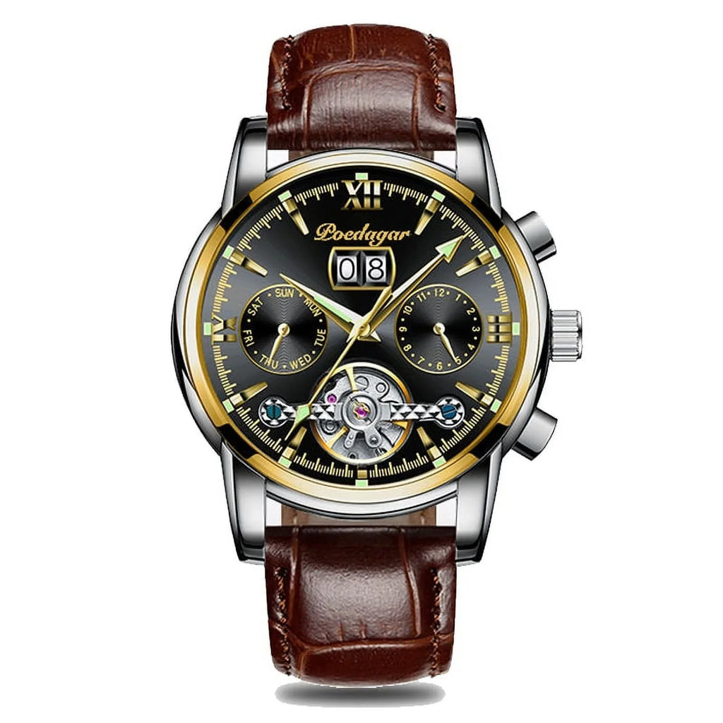 Top Leather Sports Men Genuine Automatic Brand Wristwatch POEDAGAR Luxury Chronograph Mechanical Watches Clock New Men