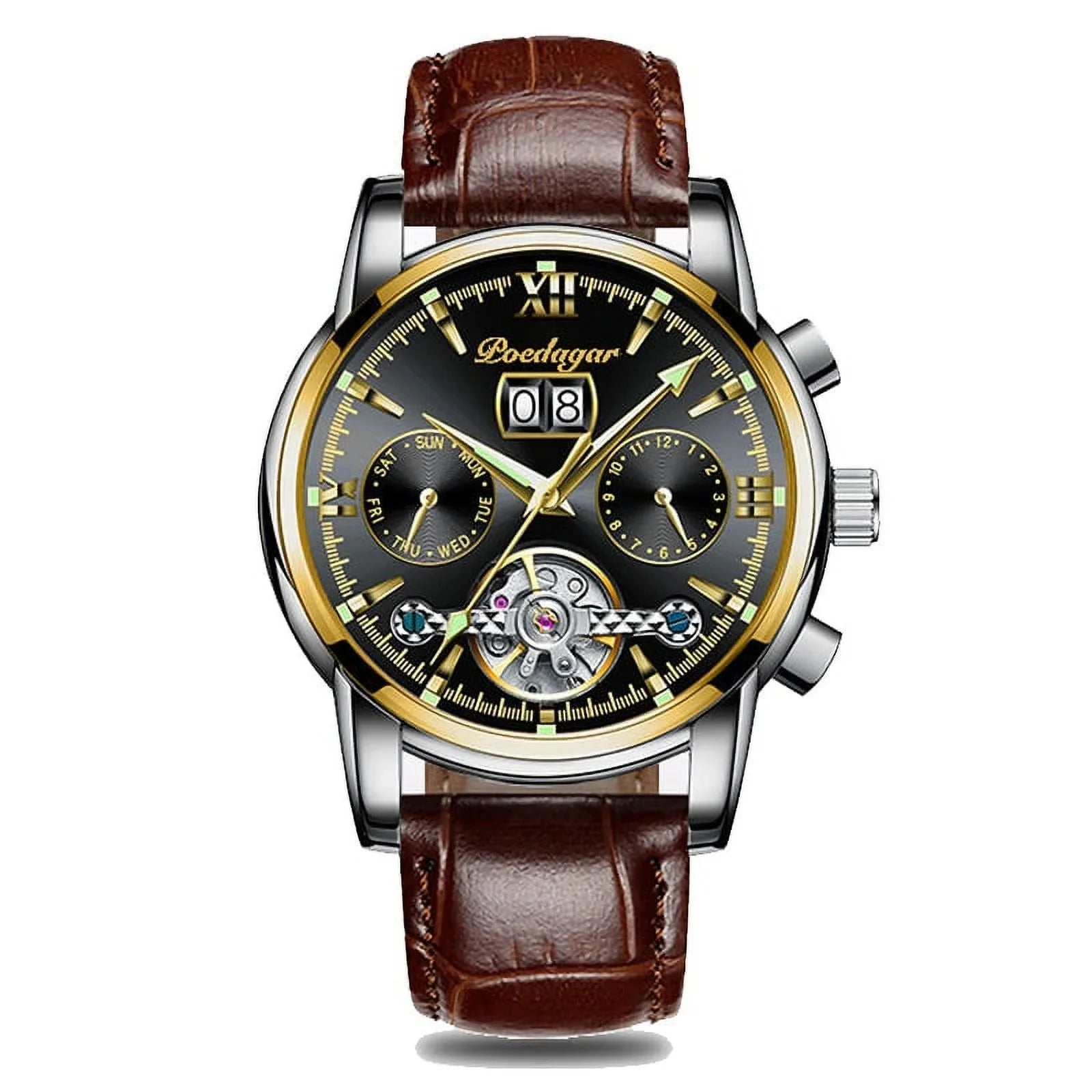 Top Leather Sports Men Genuine Automatic Brand Wristwatch POEDAGAR Luxury Chronograph Mechanical Watches Clock New Men