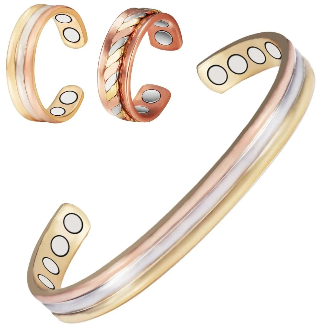 Copper for Wollet Copper Tri Magnetic Rings Gift , 3 Christmas of Set Health Fashion Women, Bracelets+2 Color, Gold